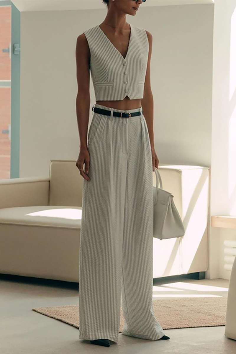 Striped Print V Neck Crop Waistcoat Wide Leg Pants Matching Set-White-Hayhty.All Rights Reserved.