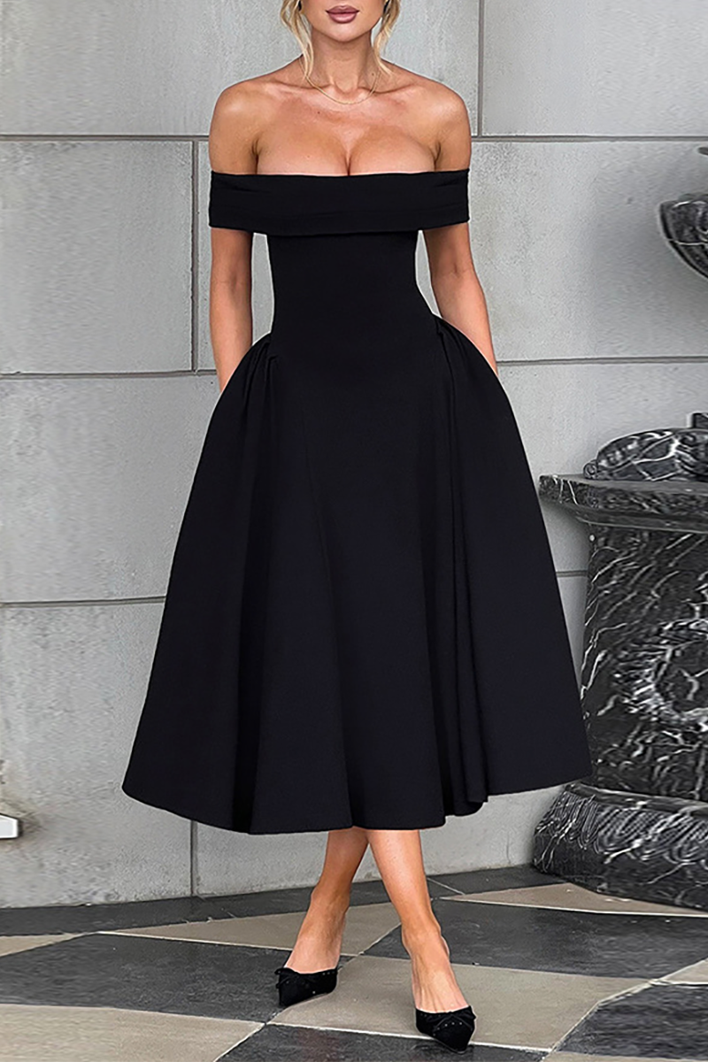 Boat Neck Draped Shoulder Cinch Waist Plain Gowns Midi Dresses-Black-Hayhty.All Rights Reserved.