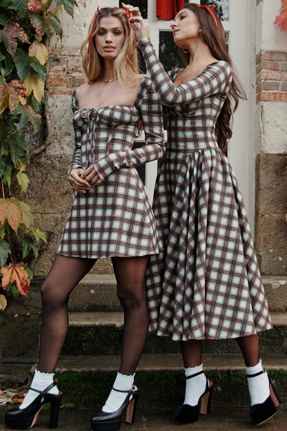 Plaid Pattern Long Sleeve Corset A-Line Pleated Midi Dresses-Red-Hayhty.All Rights Reserved.