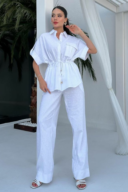 Half Sleeve Drawstring Tie Up Blouse Straight Leg Pants Matching Set-White-Hayhty.All Rights Reserved.