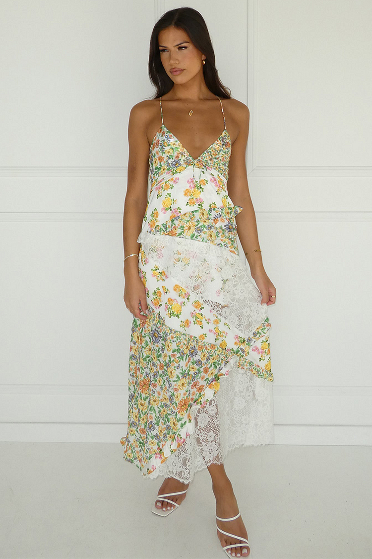 Ditsy Floral Print Deep V Neck Lace Patchwork Backless Slip Maxi Dresses-Green-Hayhty.All Rights Reserved.