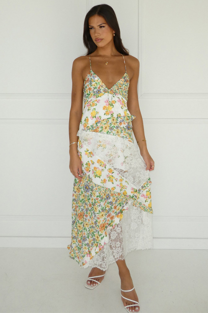 Ditsy Floral Print Deep V Neck Lace Patchwork Backless Slip Maxi Dresses-Green-Hayhty.All Rights Reserved.