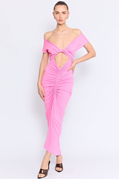 Deep V Neck Twisted Knot Cutout Ruched Maxi Dresses-Pink-Hayhty.All Rights Reserved.