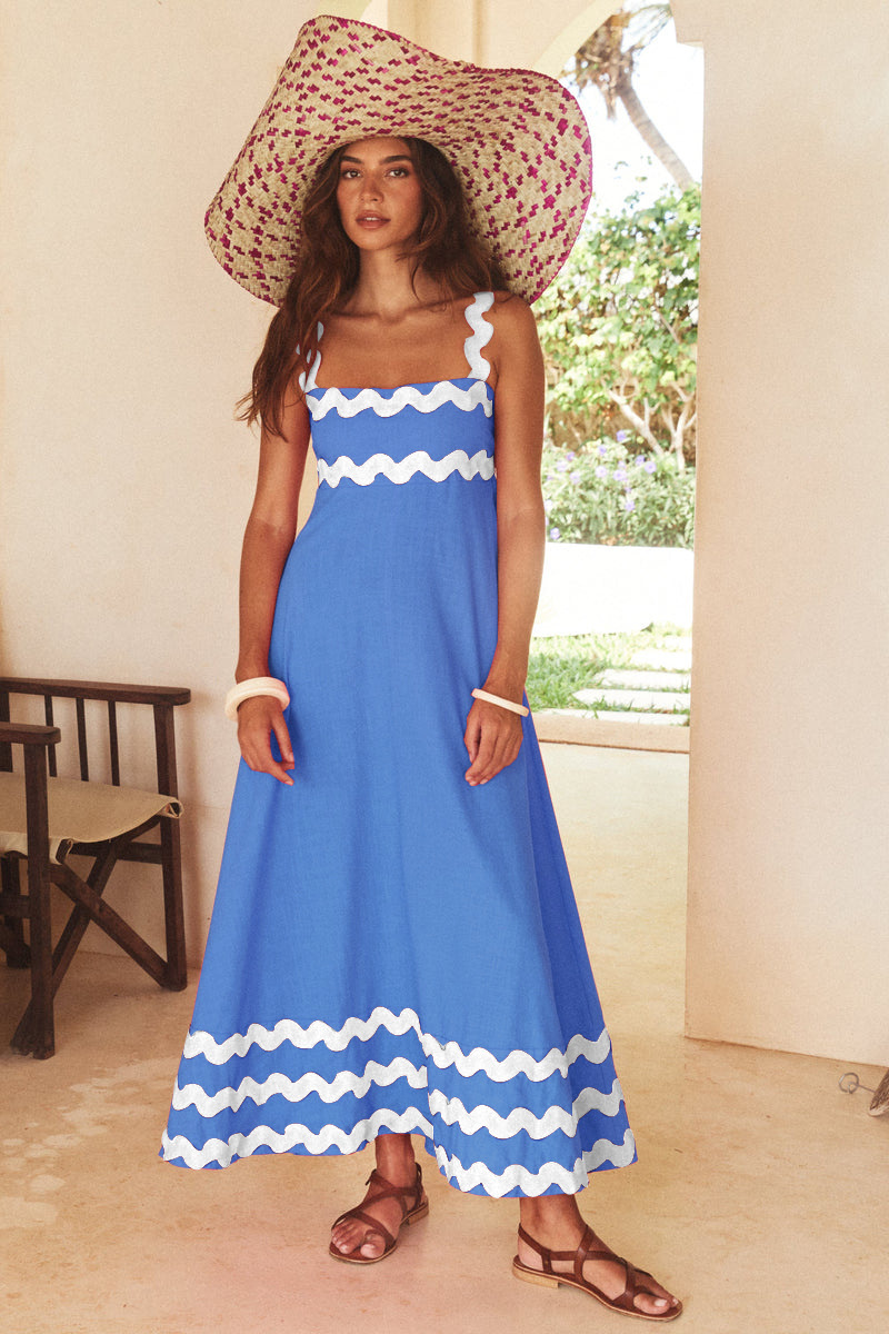 Colorblock Ripple Trim Vacation Slip Maxi Dresses-Black-Hayhty.All Rights Reserved.