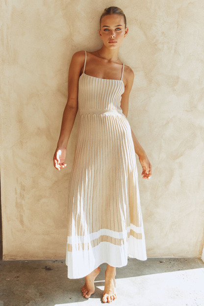 Knit Boat Neck Spaghetti Strap A-Line Vacation Midi Dress-Hayhty.All Rights Reserved.