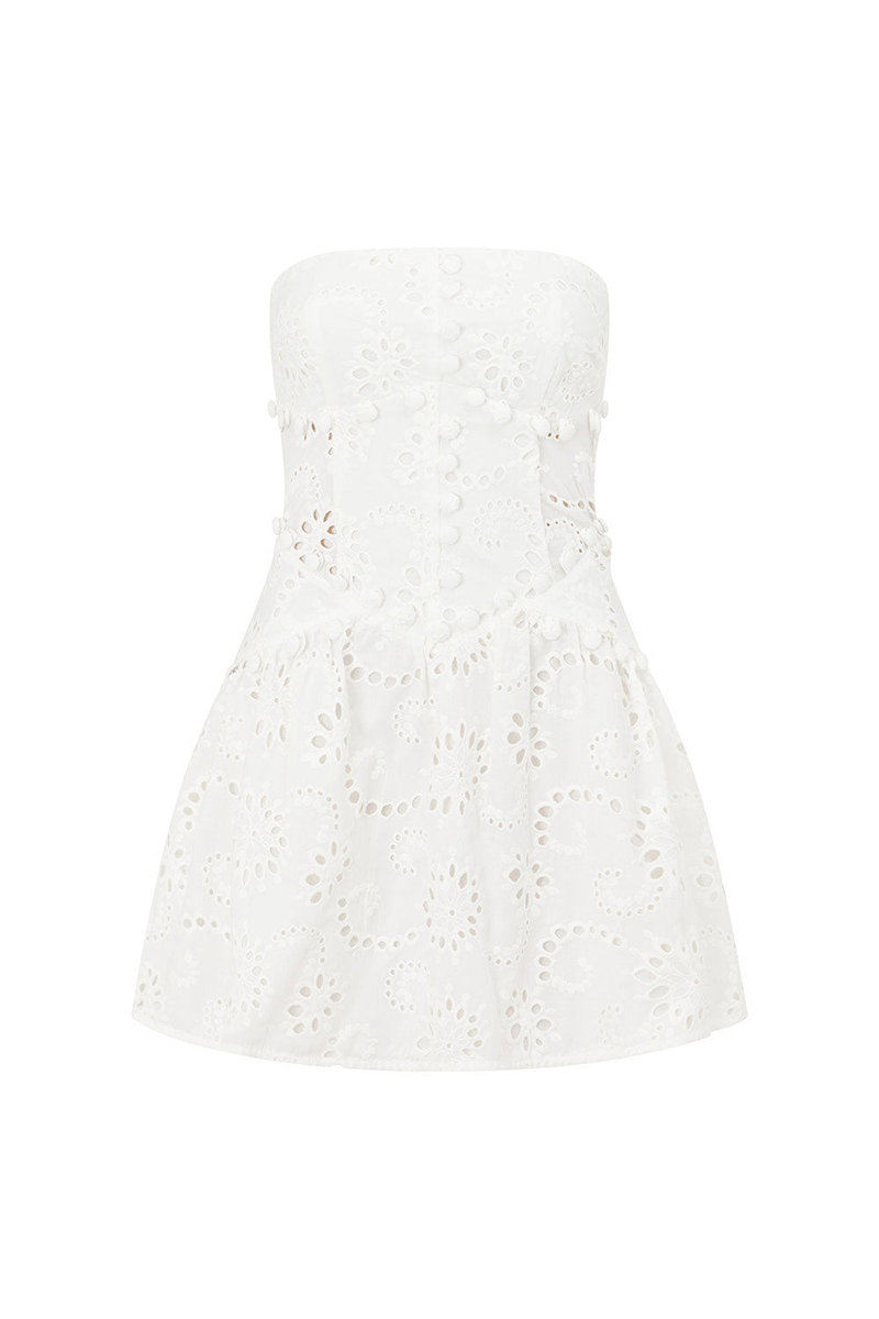 Floral Pattern Hollow Out Strapless Cinch Waist Mini Dresses-White-Hayhty.All Rights Reserved.
