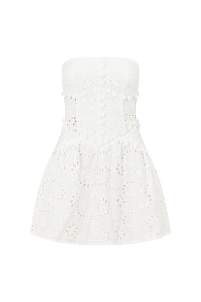 Floral Pattern Hollow Out Strapless Cinch Waist Mini Dresses-White-Hayhty.All Rights Reserved.