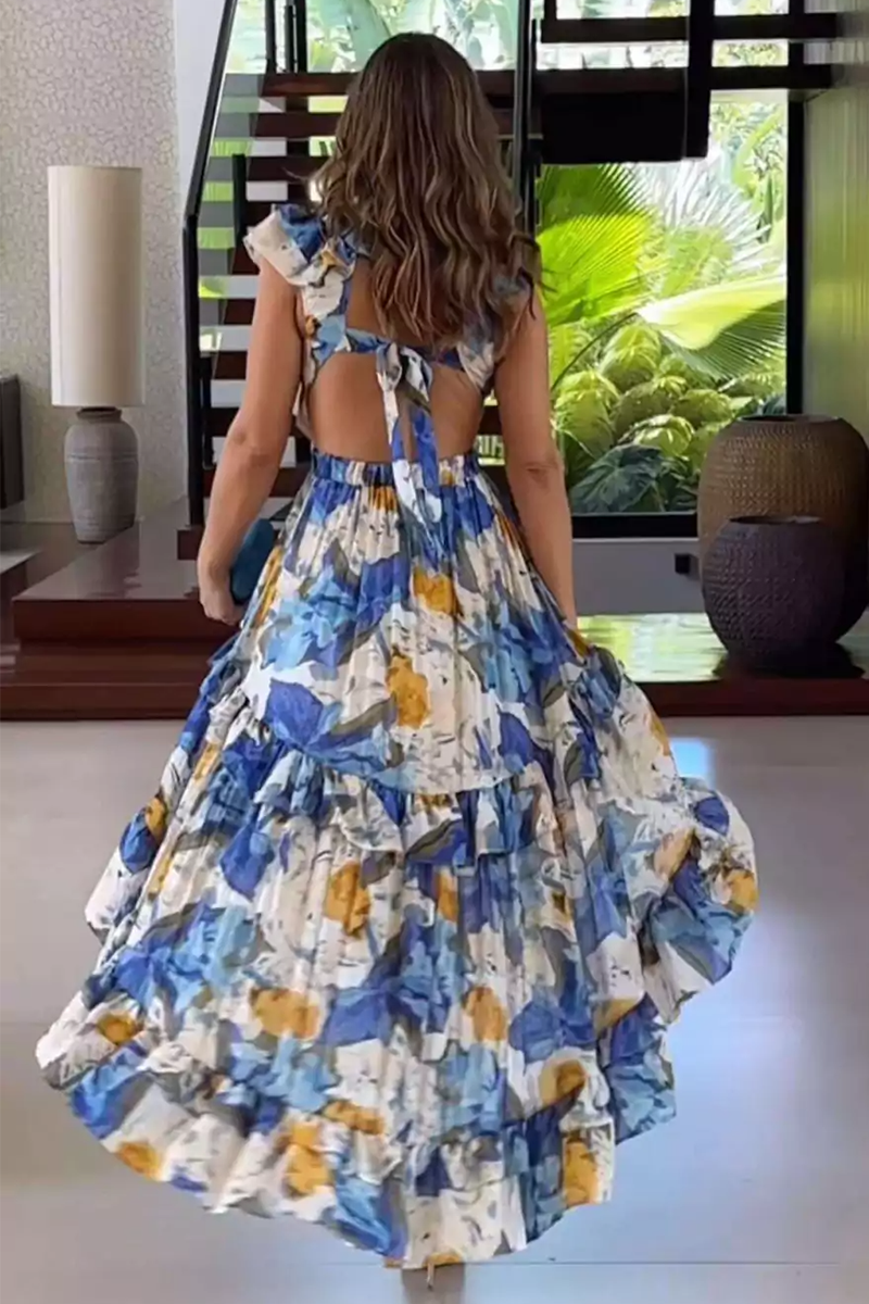 Deep V Neck Floral Print Backless High-Low Hem Maxi Dresses-Blue-Hayhty.All Rights Reserved.