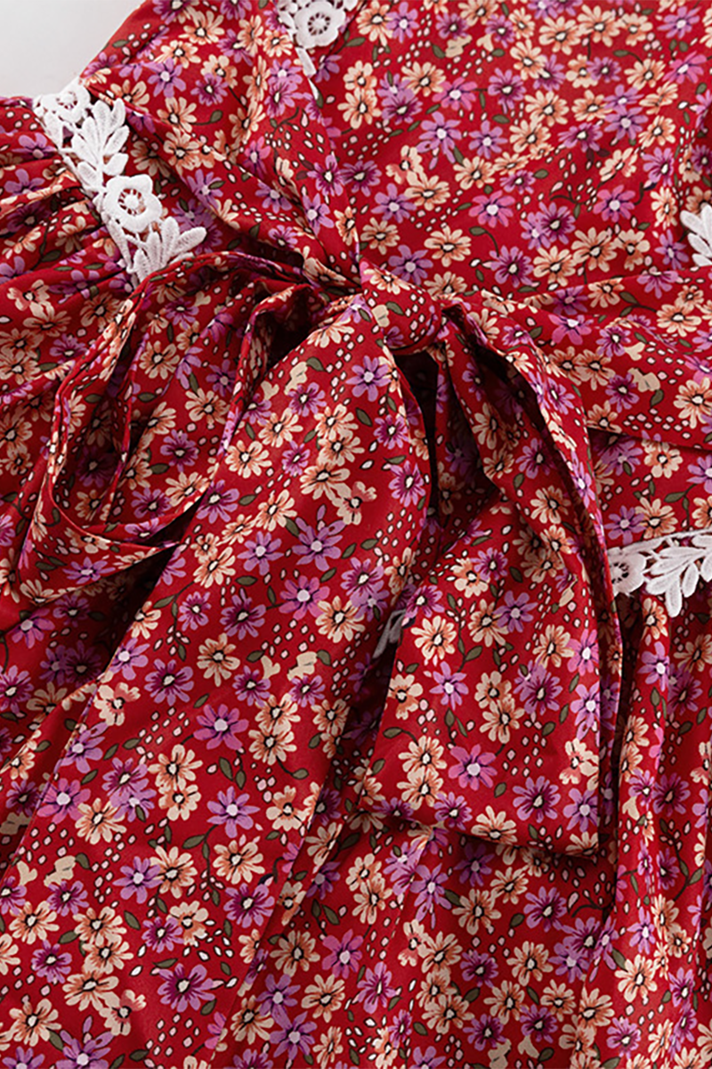 Ditsy Floral Print Lace Patchwork Backless Wide Straps Mini Dresses-Red-Hayhty.All Rights Reserved.