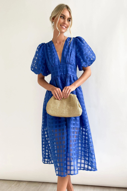 V Neck Lantern Short Sleeve Button Slit Mesh Plaid Vacation Midi Dress-Hayhty.All Rights Reserved.