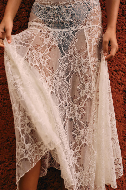 Floral Lace See Through Cover Ups Midi Skirt-White-Hayhty.All Rights Reserved.