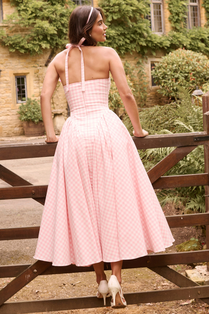Plaid Print Halter Deep V Neck A-Line Midi Dresses-Pink-Hayhty.All Rights Reserved.
