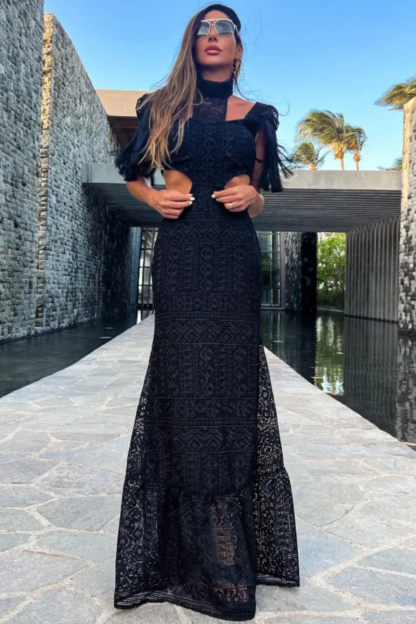 Mock Neck Fringe Irregular Cutout Slim Fit Knitted Maxi Dresses-Black-Hayhty.All Rights Reserved.