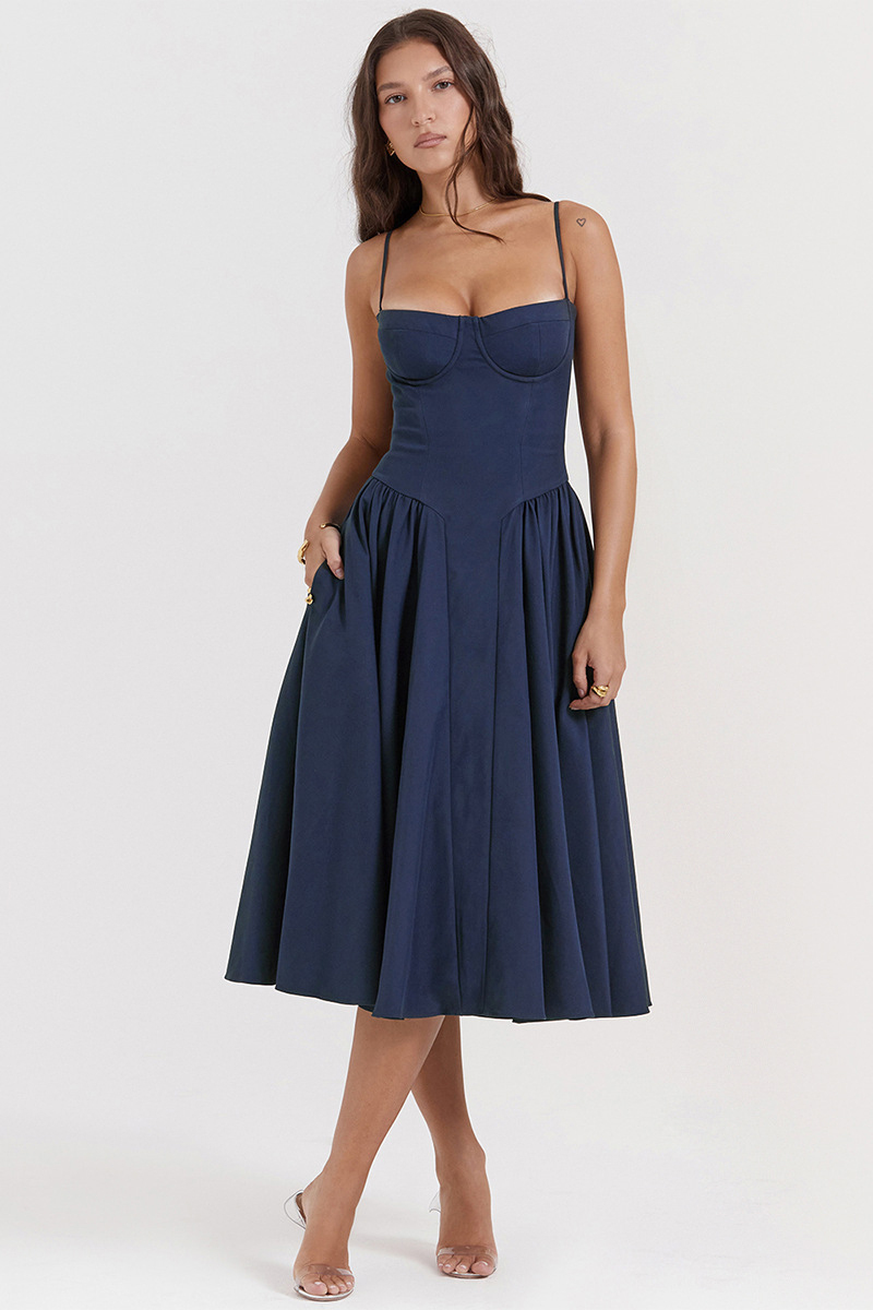 Elegant Cinch Waist Pleated Formal Party Slip Midi Dresses-Beige-Hayhty.All Rights Reserved.