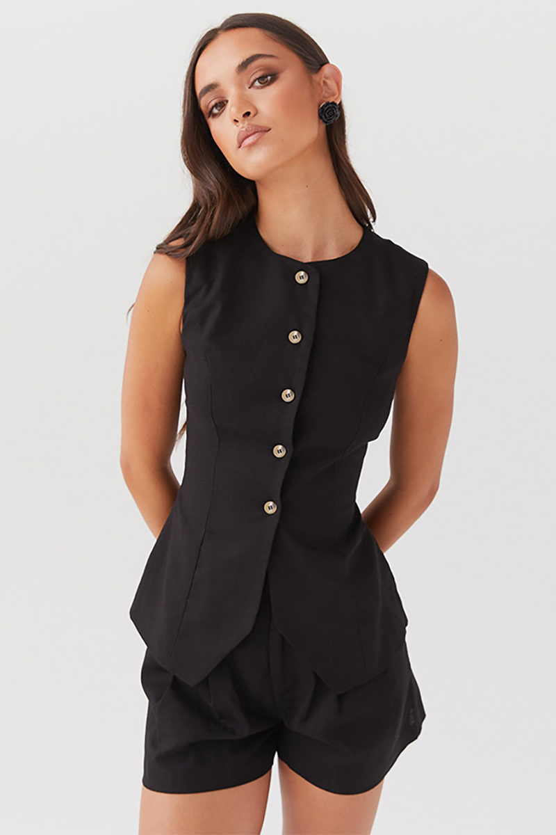 Round Neck Cinch Waist Button Up Vest Plain Shorts Matching Set-Black-Hayhty.All Rights Reserved.