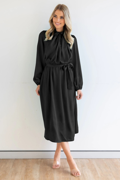 Ruched Knotted Long Sleeve Satin Midi Dresses-Hayhty.All Rights Reserved.
