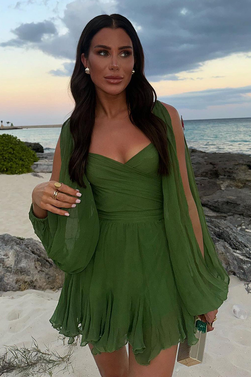 Wrapped V Neck Slit Long Sleeve Irregular Hem Plain Mini Dresses-Hayhty.All Rights Reserved.