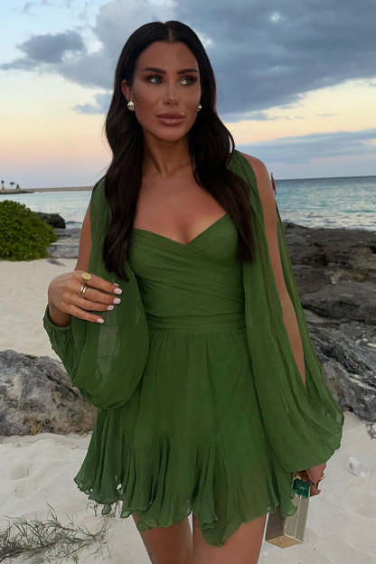 Wrapped V Neck Slit Long Sleeve Irregular Hem Plain Mini Dresses-Hayhty.All Rights Reserved.
