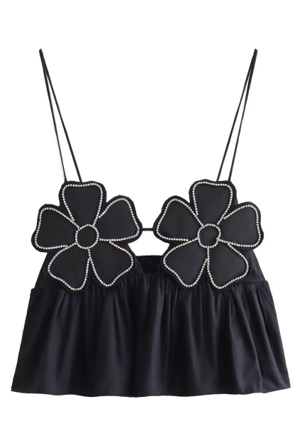 Rhinestone Decor Flower Design Crop Cami-Black-Hayhty.All Rights Reserved.