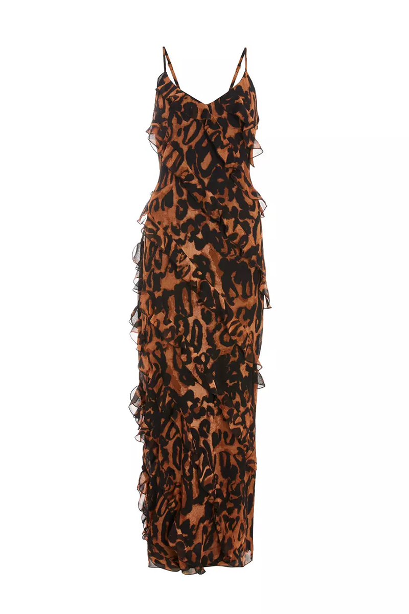 Leopard Print V Neck Side Slit Ruffled Slip Maxi Dresses-Brown-Hayhty.All Rights Reserved.