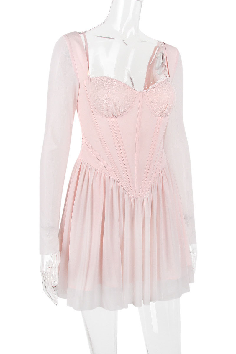 Mesh Long Sleeve Corset A-Line Pleated Ballet Style Mini Dresses-Hayhty.All Rights Reserved.