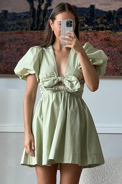 Deep V Neck Puff Sleeve Front Bow A-Line Mini Dresses-Green-Hayhty.All Rights Reserved.