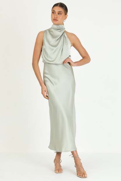Turtleneck Sleeveless Satin Midi Dresses-Hayhty.All Rights Reserved.