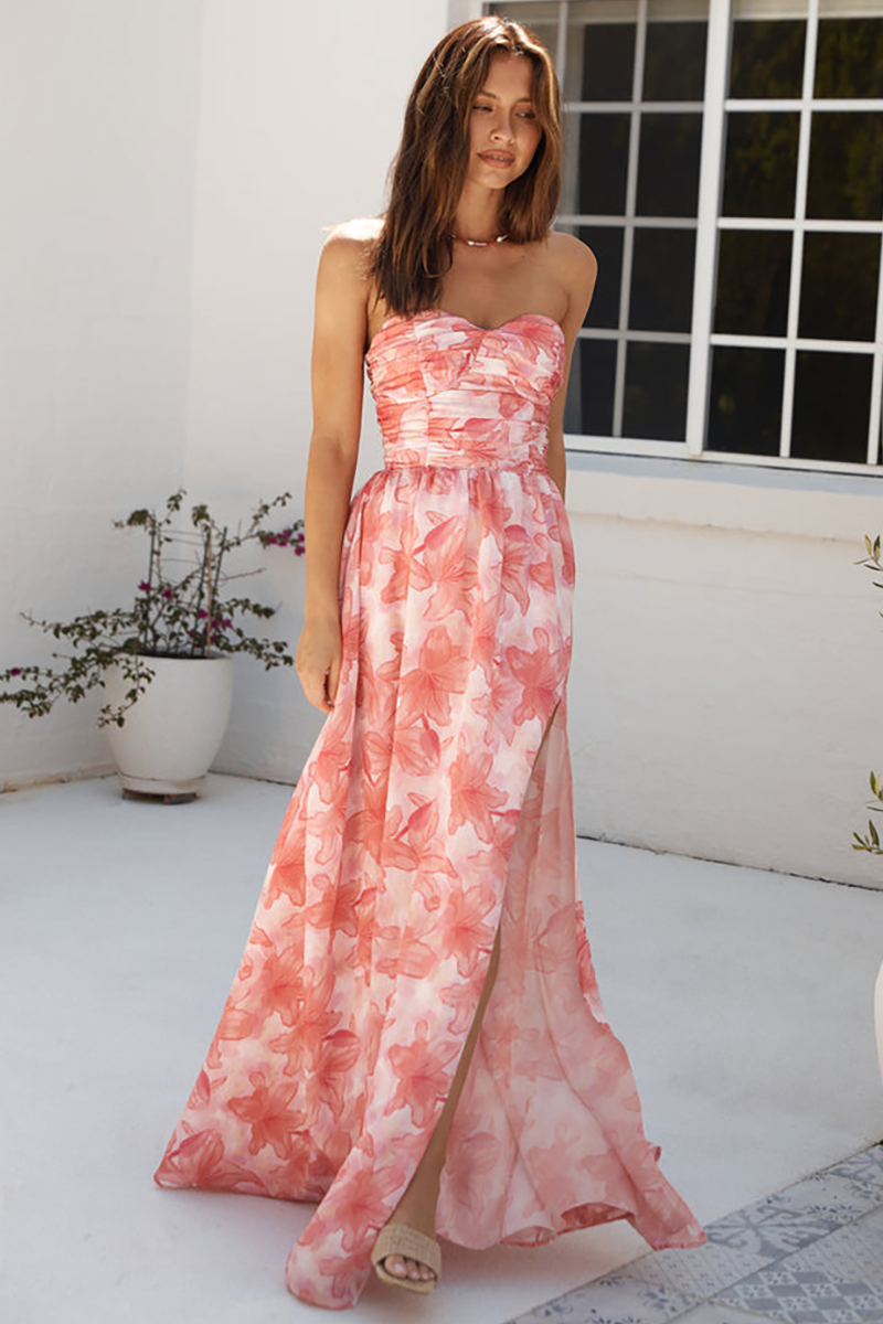 Floral Print Strapless High Slit Flowy Hem Maxi Dresses-Red-Hayhty.All Rights Reserved.