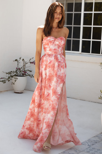 Floral Print Strapless High Slit Flowy Hem Maxi Dresses-Red-Hayhty.All Rights Reserved.