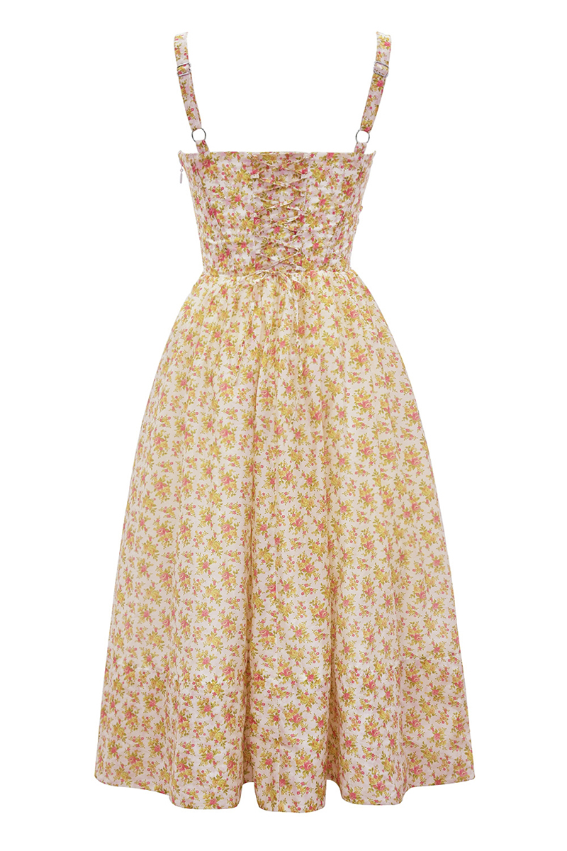 Floral Print Corset Lace Up Split Vacation Midi Dresses-Yellow-Hayhty.All Rights Reserved.