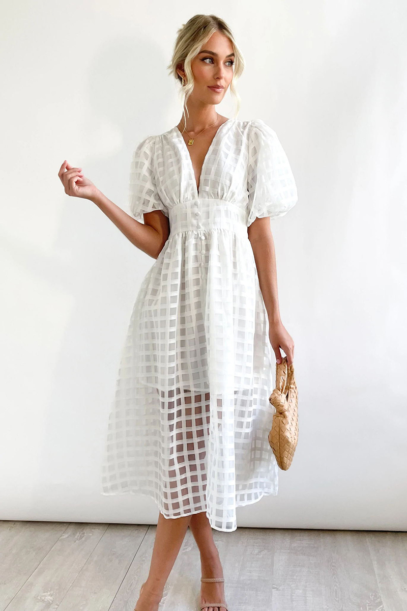 V Neck Lantern Short Sleeve Button Slit Mesh Plaid Vacation Midi Dress-Hayhty.All Rights Reserved.