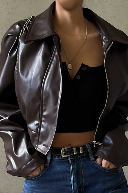 PU Leather Turndown Collar Long Sleeve Crop Jacket-Brown-Hayhty.All Rights Reserved.
