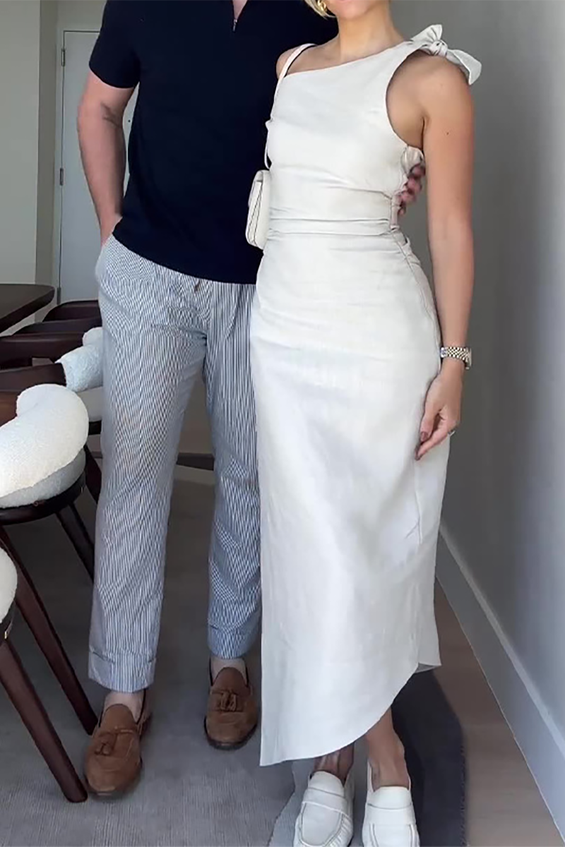 Skew Neck One Shoulder Tie Up Slim Fit Solid Color Midi Dresses-White-Hayhty.All Rights Reserved.