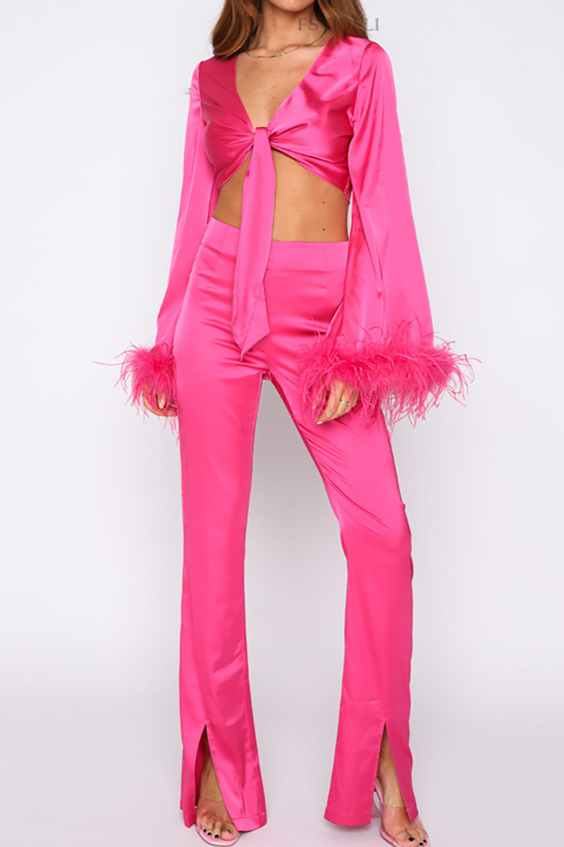 Feather Long Flare Sleeve Tied Up Crop Top 2pcs Pants Set-Hayhty.All Rights Reserved.