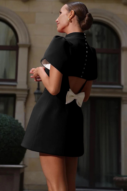 Mock Neck Petal Sleeve Cut Out Bowknot Mini Dresses-Red-Hayhty.All Rights Reserved.