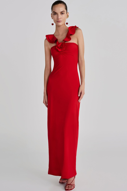 Ruffled Sleeveless 3D Flower Decor Slim Fit Maxi Dresses-Red-Hayhty.All Rights Reserved.