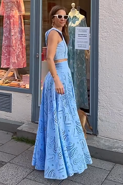 Hollow Out Pattern Sleeveless Crop Top High Waist Maxi Skirt Matching Set-Blue-Hayhty.All Rights Reserved.