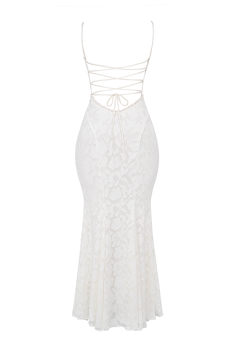 Jacquard Lace Back Lace Up Fishtail Hem Slip Maxi Dresses-White-Hayhty.All Rights Reserved.