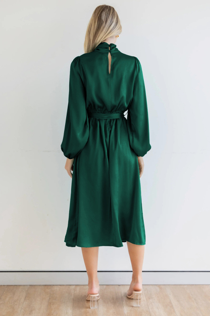 Ruched Knotted Long Sleeve Satin Midi Dresses-Hayhty.All Rights Reserved.