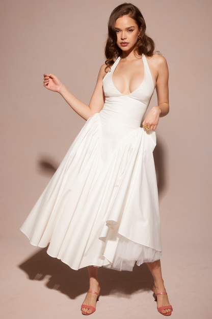 Deep V Neck Halter Cinch Waist Plain Midi Dresses-White-Hayhty.All Rights Reserved.