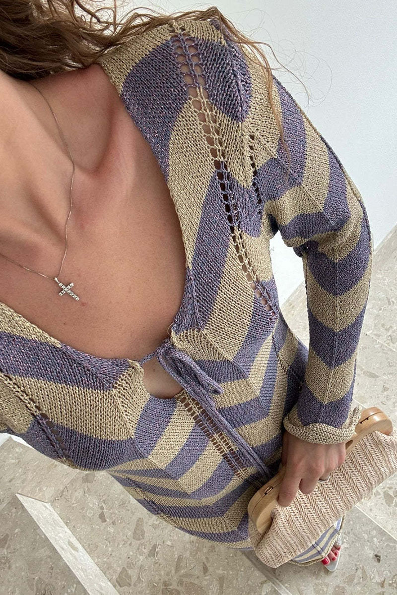 Colorblock Wavy Crochet Long Sleeve Vacation Cover-Up Maxi Dresses-Black-Hayhty.All Rights Reserved.