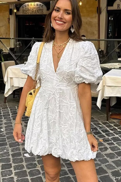 Deep V Neck Puff Sleeve Embroidery A-Line Bubbled Hem Mini Dresses-White-Hayhty.All Rights Reserved.