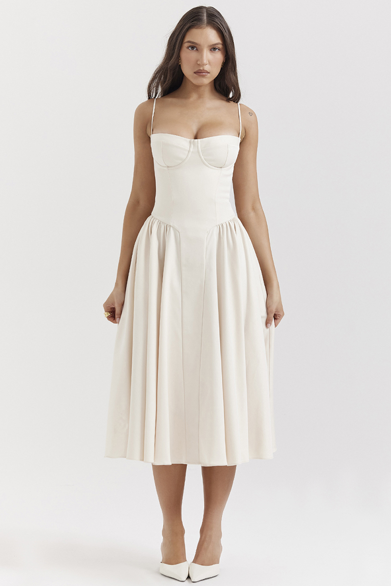 Elegant Cinch Waist Pleated Formal Party Slip Midi Dresses-Beige-Hayhty.All Rights Reserved.