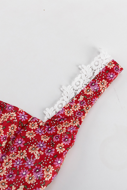 Ditsy Floral Print Lace Patchwork Backless Wide Straps Mini Dresses-Red-Hayhty.All Rights Reserved.