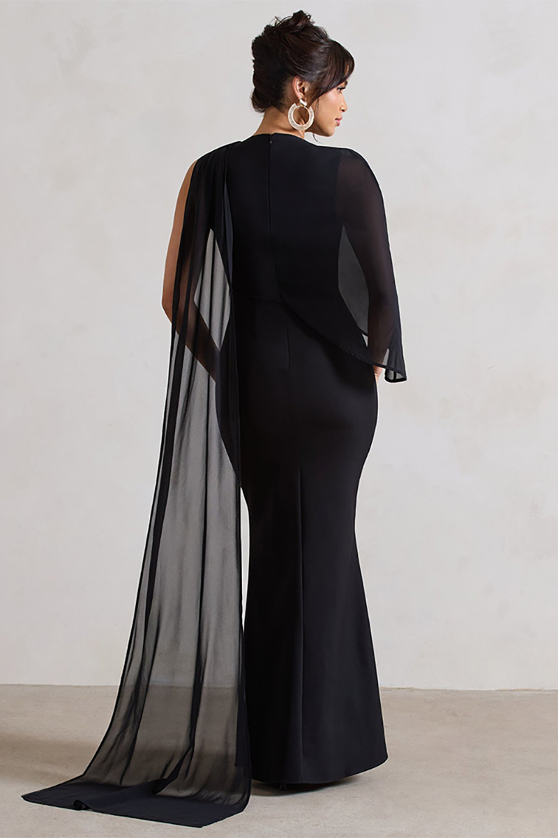 Mesh Patchwork Asymmetrical Caped Sleeve Bodycon Gowns Maxi Dresses-Beige-Hayhty.All Rights Reserved.