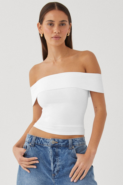 Boat Neck Dropped Shoulder Solid Color Slim Fit Crop Top-White-Hayhty.All Rights Reserved.