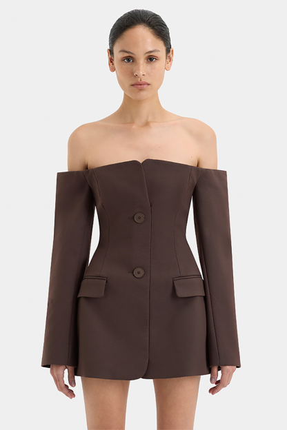 Off Shoulder Long Sleeve Button Up Slim Fit Mini Dresses-Beige-Hayhty.All Rights Reserved.