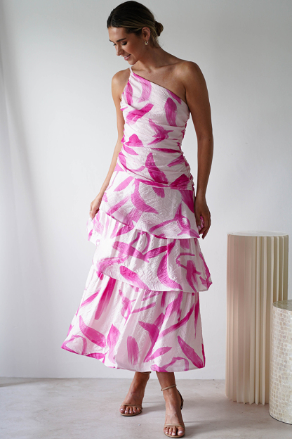 Pattern Print Tiered Hem One Shoulder Midi Dresses-Pink-Hayhty.All Rights Reserved.