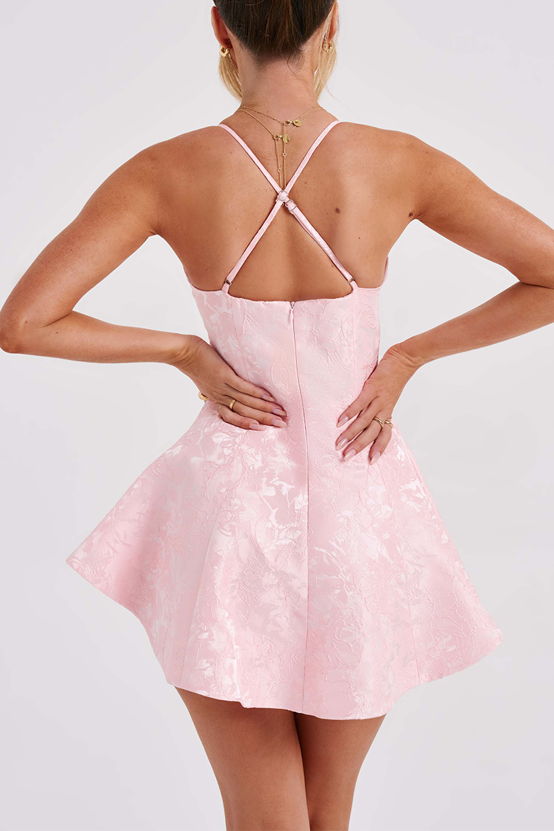 Deep V Neck Halter Backless A-Line Flared Hem Jacquard Playsuit Romper-Pink-Hayhty.All Rights Reserved.
