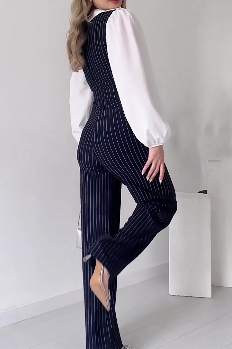 Striped Print Patchwork Lantern Sleeve Wide Leg Jumpsuit-Navy-Hayhty.All Rights Reserved.